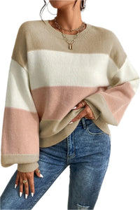 Thumbnail for Color Block Round Neck Lantern Sleeve Sweater - T - 1 COLOR -