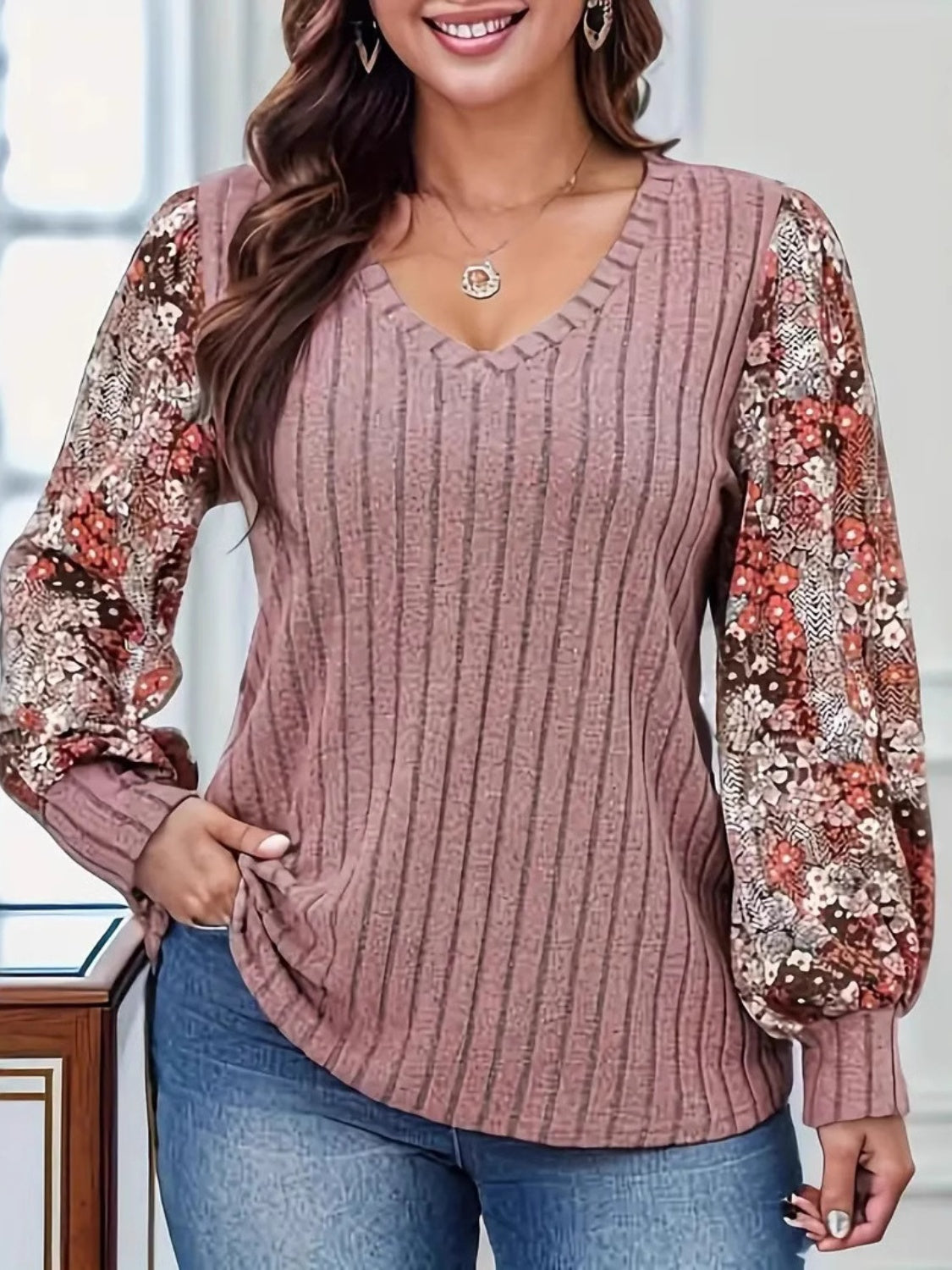 Printed V-Neck Long Sleeve T-Shirt - T - 1 COLOR -