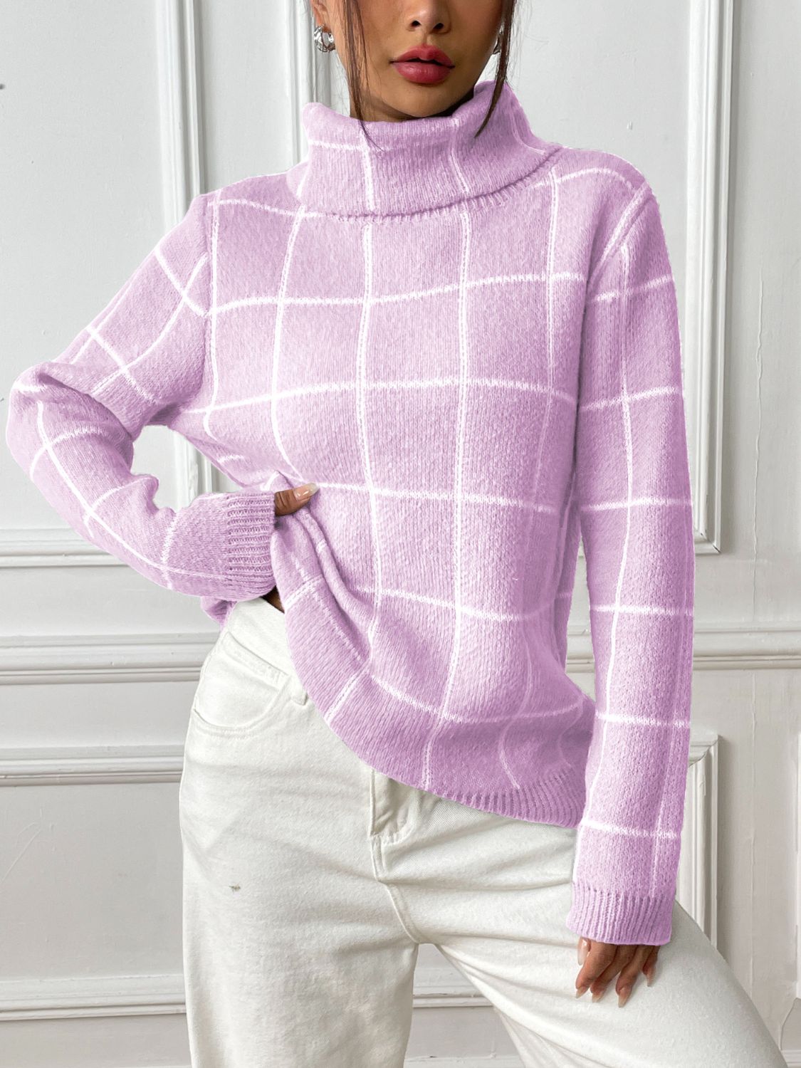 Plaid Turtleneck Long Sleeve Sweater - T - 3 COLORS -