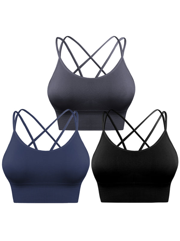 3 Pack Women's Sports Bra Padded Crisscross Yoga Bra Seamless Medium-Impact Fitness Activewear - 3 PCS. - KR - 10 COLOR COMBOS PER SET OF 3 -