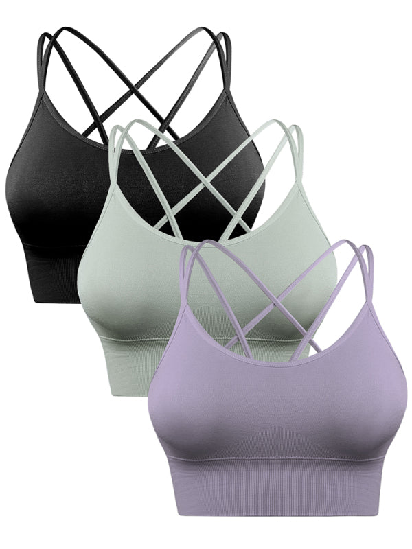 3 Pack Women's Sports Bra Padded Crisscross Yoga Bra Seamless Medium-Impact Fitness Activewear - 3 PCS. - KR - 10 COLOR COMBOS PER SET OF 3 -