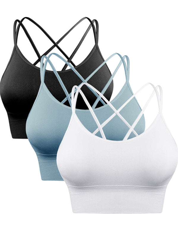 3 Pack Women's Sports Bra Padded Crisscross Yoga Bra Seamless Medium-Impact Fitness Activewear - 3 PCS. - KR - 10 COLOR COMBOS PER SET OF 3 -