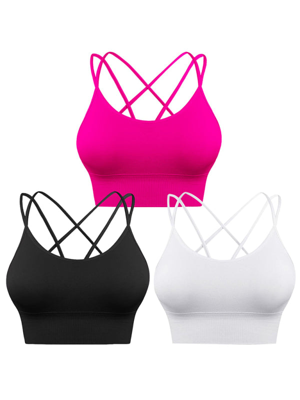 3 Pack Women's Sports Bra Padded Crisscross Yoga Bra Seamless Medium-Impact Fitness Activewear - 3 PCS. - KR - 10 COLOR COMBOS PER SET OF 3 -