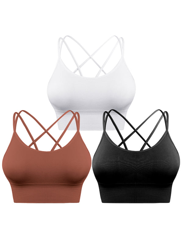 3 Pack Women's Sports Bra Padded Crisscross Yoga Bra Seamless Medium-Impact Fitness Activewear - 3 PCS. - KR - 10 COLOR COMBOS PER SET OF 3 -