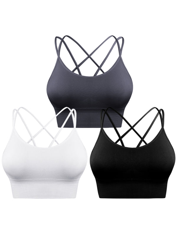 3 Pack Women's Sports Bra Padded Crisscross Yoga Bra Seamless Medium-Impact Fitness Activewear - 3 PCS. - KR - 10 COLOR COMBOS PER SET OF 3 -