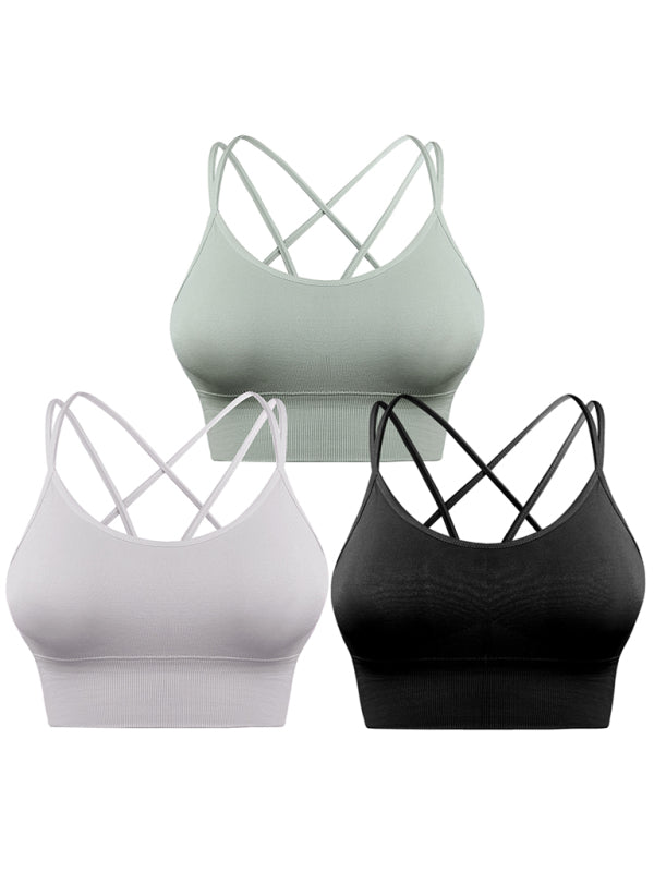 3 Pack Women's Sports Bra Padded Crisscross Yoga Bra Seamless Medium-Impact Fitness Activewear - 3 PCS. - KR - 10 COLOR COMBOS PER SET OF 3 -