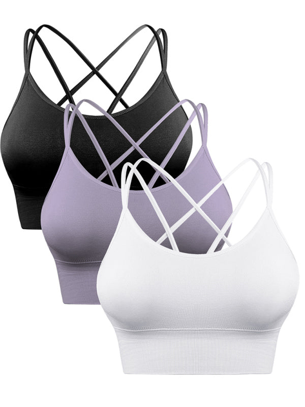 3 Pack Women's Sports Bra Padded Crisscross Yoga Bra Seamless Medium-Impact Fitness Activewear - 3 PCS. - KR - 10 COLOR COMBOS PER SET OF 3 -