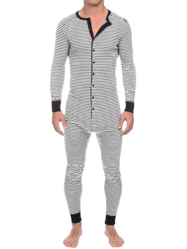 Men's Slim Striped Print Crew Neck Button Long Sleeve Trousers One Piece Pajama - K - 2 COLORS -