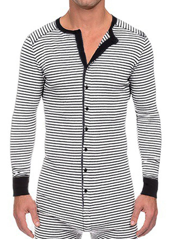 Men's Slim Striped Print Crew Neck Button Long Sleeve Trousers One Piece Pajama - K - 2 COLORS -