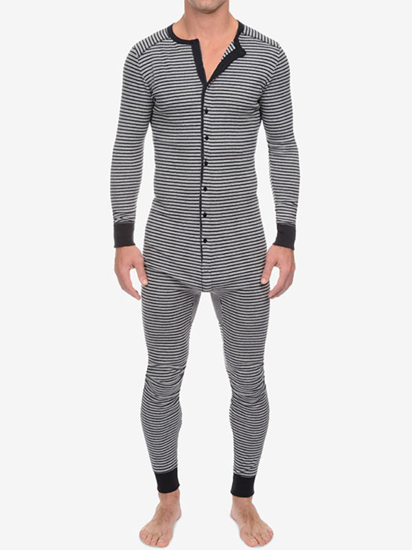 Men's Slim Striped Print Crew Neck Button Long Sleeve Trousers One Piece Pajama - K - 2 COLORS -