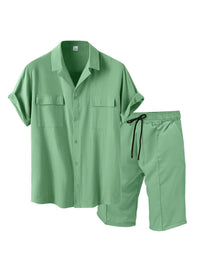 Thumbnail for New men's new lapel casual shirt shorts two-piece set - K - 6 COLORS -