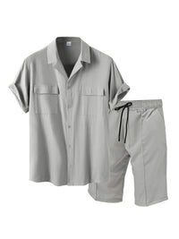 Thumbnail for New men's new lapel casual shirt shorts two-piece set - K - 6 COLORS -