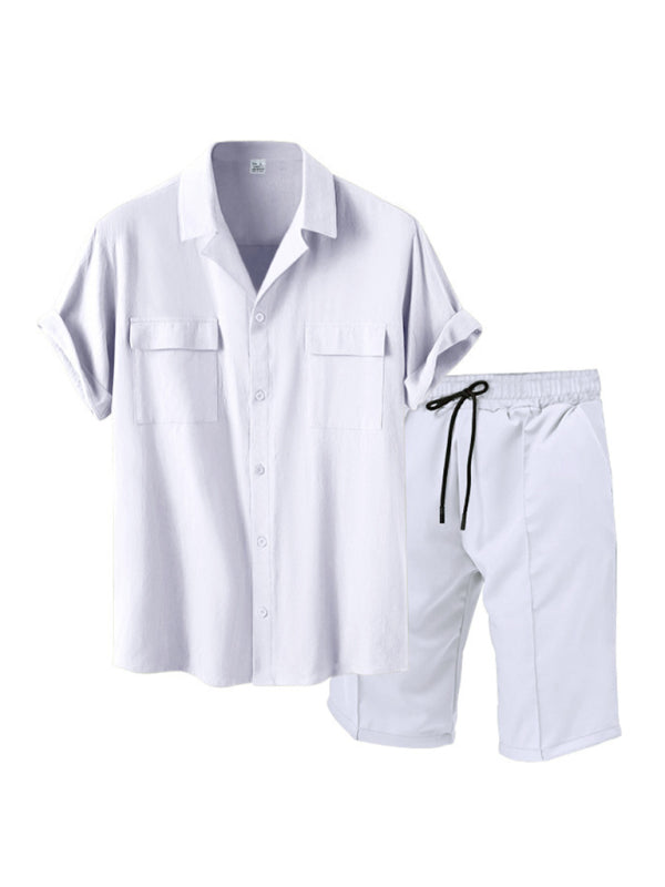 New men's new lapel casual shirt shorts two-piece set - K - 6 COLORS -