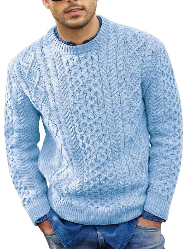 Men's round neck pullover knitted cable sweater - K - 6 COLORS -