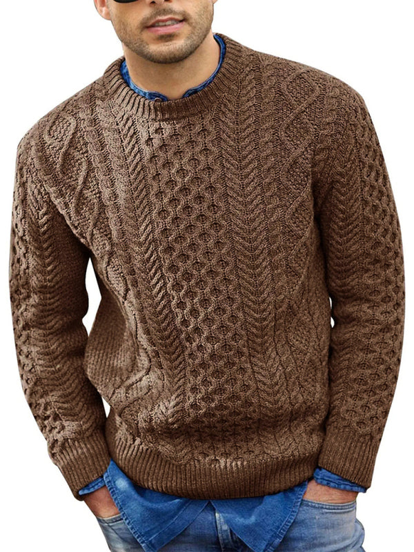 Men's round neck pullover knitted cable sweater - K - 6 COLORS -