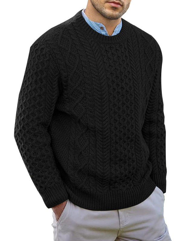 Men's round neck pullover knitted cable sweater - K - 6 COLORS -