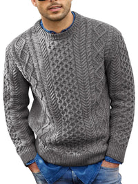 Thumbnail for Men's round neck pullover knitted cable sweater - K - 6 COLORS -