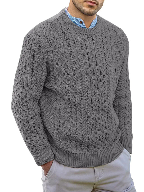 Men's round neck pullover knitted cable sweater - K - 6 COLORS -