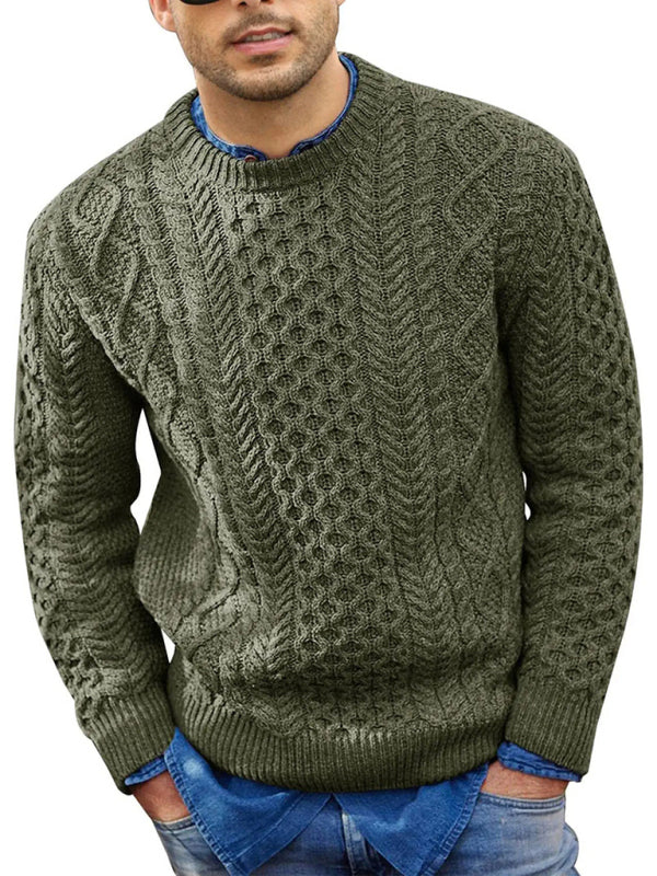 Men's round neck pullover knitted cable sweater - K - 6 COLORS -