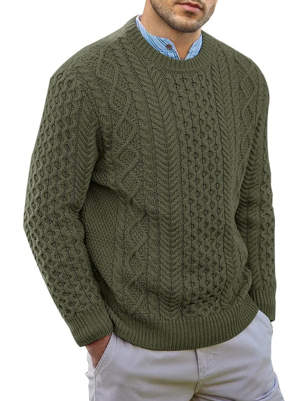 Men's round neck pullover knitted cable sweater - K - 6 COLORS -