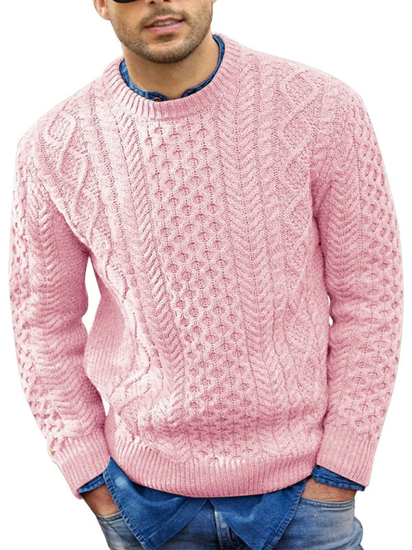 Men's round neck pullover knitted cable sweater - K - 6 COLORS -