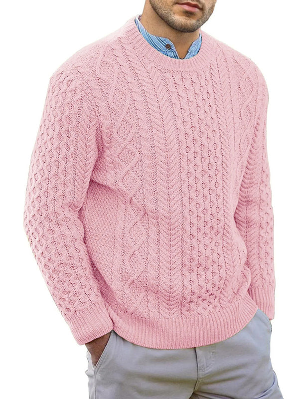 Men's round neck pullover knitted cable sweater - K - 6 COLORS -