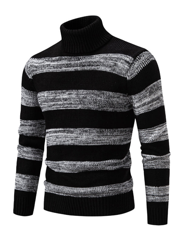 Men's New Striped Patchwork Turtleneck Slim Fit Sweater Base Layer - K - 2 COLORS -