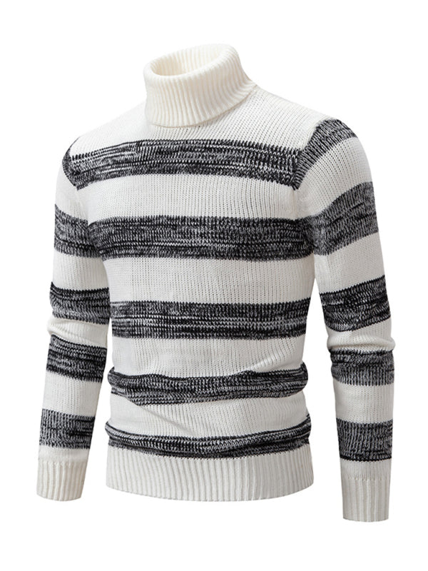 Men's New Striped Patchwork Turtleneck Slim Fit Sweater Base Layer - K - 2 COLORS -