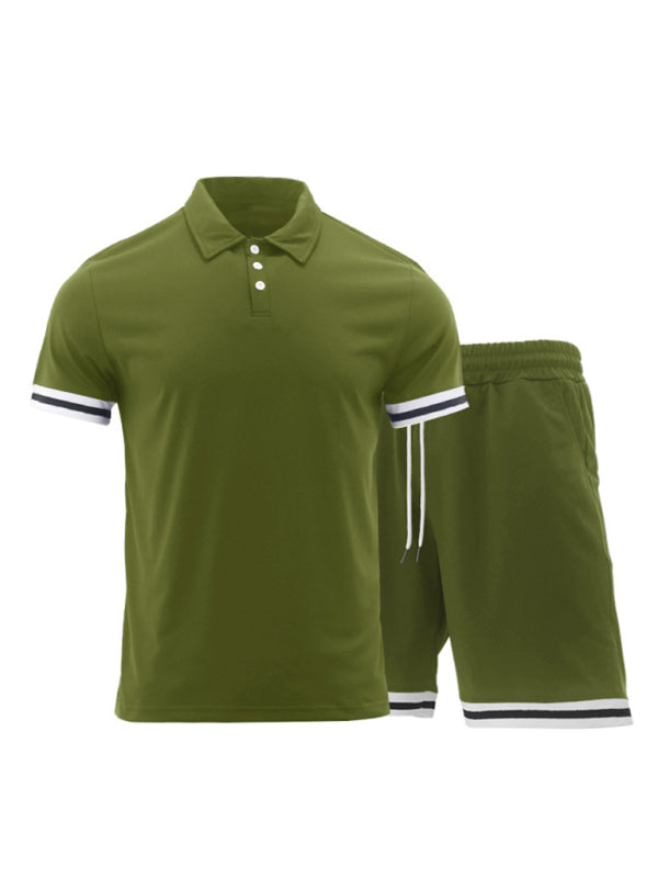 Men's lapel short-sleeved shorts two piece sports casual set - 2 PCS. - K - 4 COLORS -