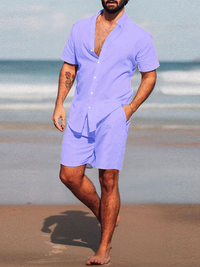 Thumbnail for Men's casual home wear loose long-sleeved shorts two-piece set - 2 PCS. - K - 3 COLORS -