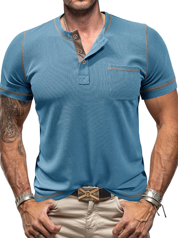 Men's American Vintage Henley Collar Short Sleeve T-Shirt - K - 6 COLORS -