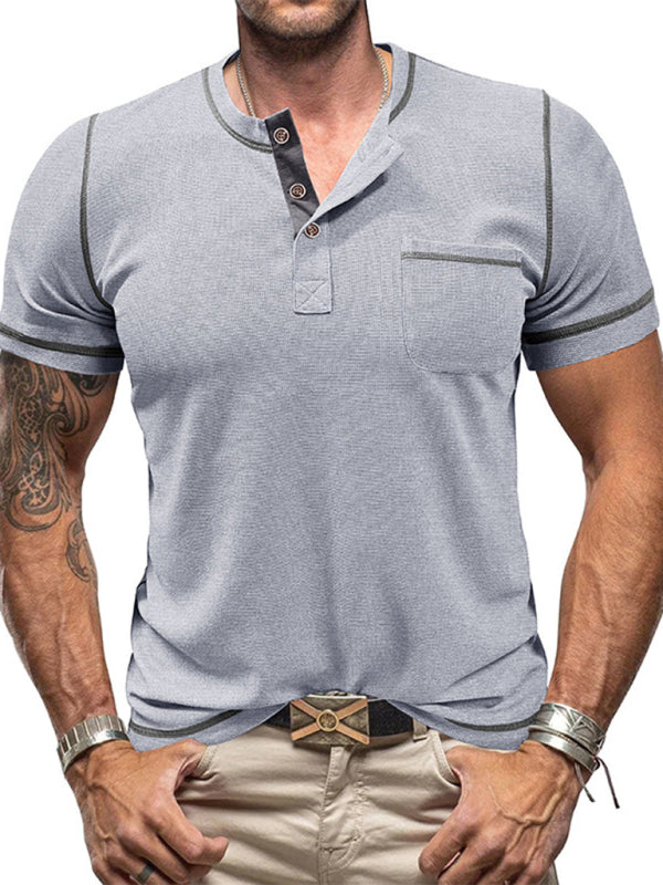 Men's American Vintage Henley Collar Short Sleeve T-Shirt - K - 6 COLORS -