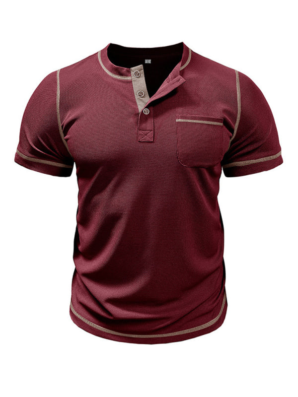 Men's American Vintage Henley Collar Short Sleeve T-Shirt - K - 6 COLORS -