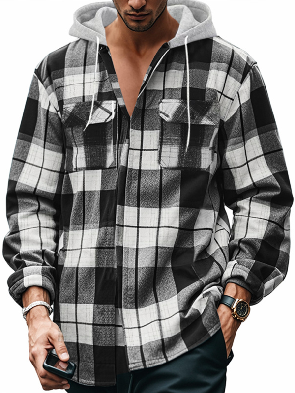 Loose Casual Flannel Jacquard Long Sleeve Hooded Plaid Shirt - K - 1 COLOR -