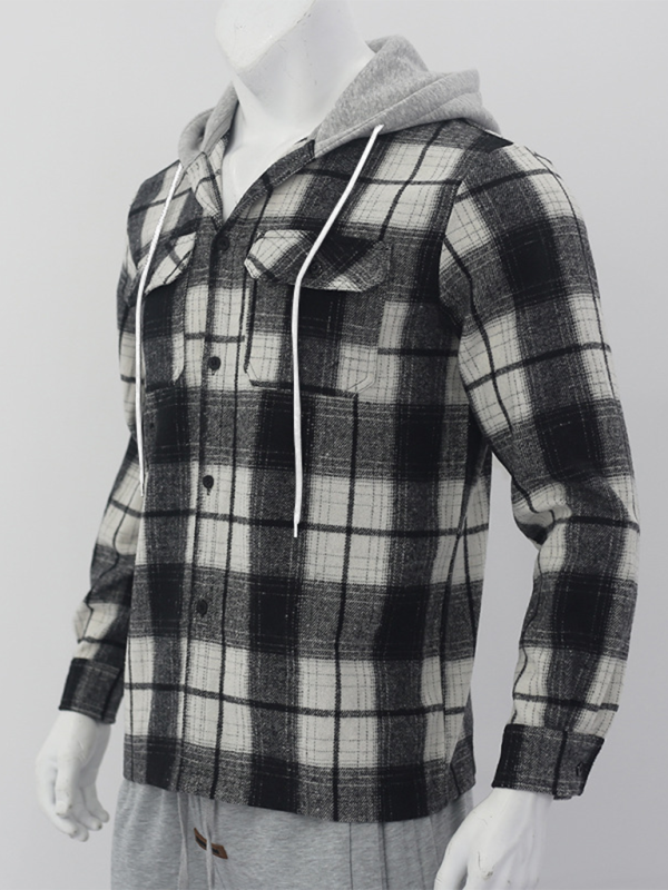 Loose Casual Flannel Jacquard Long Sleeve Hooded Plaid Shirt - K - 1 COLOR -