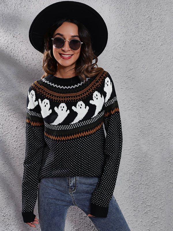 Women's Halloween Ghost retro wave point long sleeve knitted sweater - K - 6 COLORS -