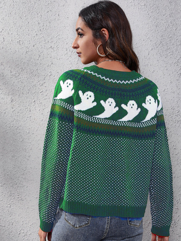 Women's Halloween Ghost retro wave point long sleeve knitted sweater - K - 6 COLORS -