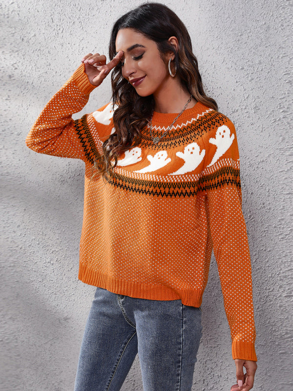 Women's Halloween Ghost retro wave point long sleeve knitted sweater - K - 6 COLORS -