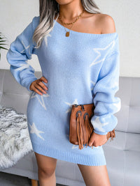 Thumbnail for Women's star straight neck off shoulder wool dress knitted Dress - S,L ONLY - 3 COLORS -