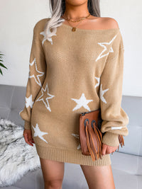 Thumbnail for Women's star straight neck off shoulder wool dress knitted Dress - S,L ONLY - 3 COLORS -