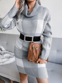 Thumbnail for Women's casual Plaid high collar wool dress knitted Dress - K - 4 COLORS -