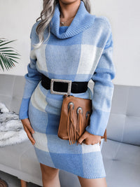 Thumbnail for Women's casual Plaid high collar wool dress knitted Dress - K - 4 COLORS -