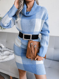 Thumbnail for Women's casual Plaid high collar wool dress knitted Dress - K - 4 COLORS -