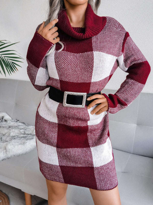 Women's casual Plaid high collar wool dress knitted Dress - K - 4 COLORS -