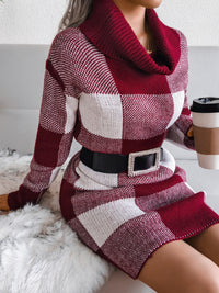 Thumbnail for Women's casual Plaid high collar wool dress knitted Dress - K - 4 COLORS -