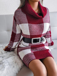 Thumbnail for Women's casual Plaid high collar wool dress knitted Dress - K - 4 COLORS -