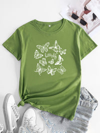 Thumbnail for Women's Butterfly Print Round Neck Short Sleeve T-Shirt - K - 12 COLORS -