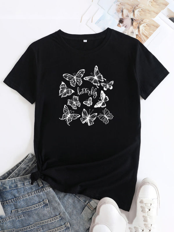 Women's Butterfly Print Round Neck Short Sleeve T-Shirt - K - 12 COLORS -