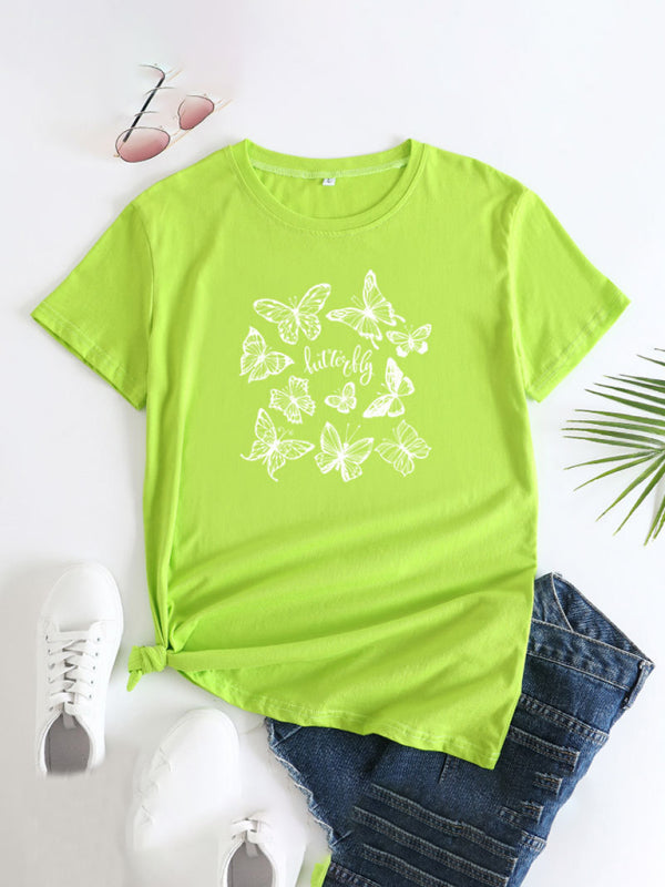 Women's Butterfly Print Round Neck Short Sleeve T-Shirt - K - 12 COLORS -