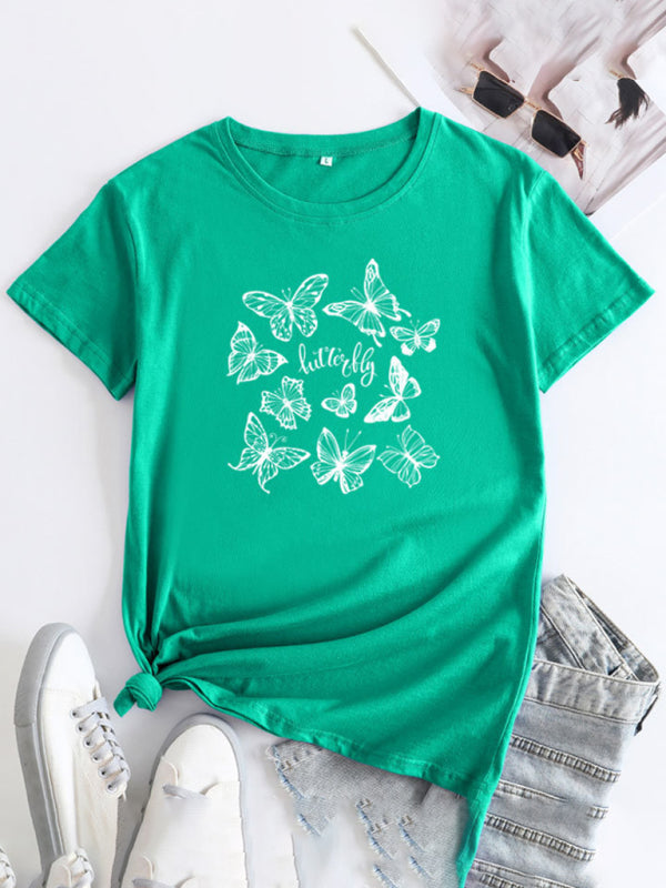 Women's Butterfly Print Round Neck Short Sleeve T-Shirt - K - 12 COLORS -